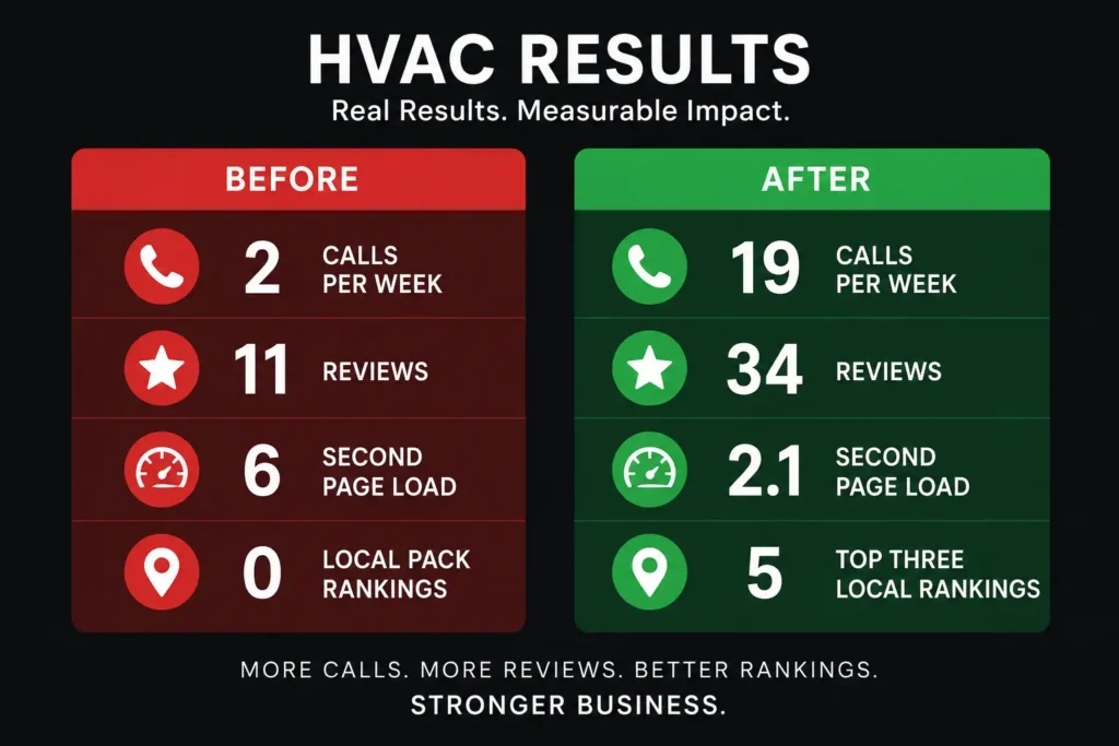 Before and after results graphic for an HVAC contractor showing increase in weekly organic calls from 2 to 19 after 90 days of SEO work