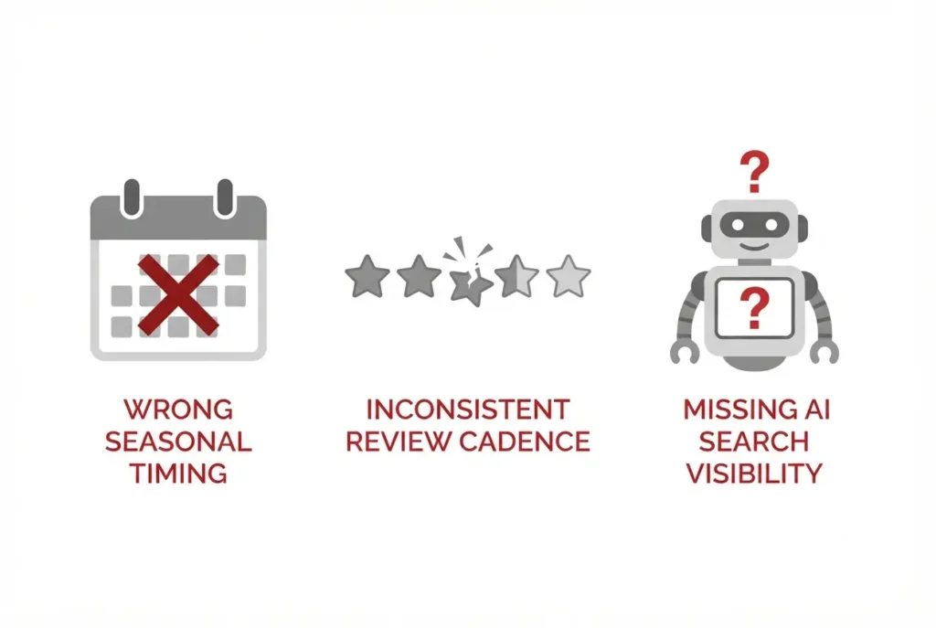 Three common HVAC SEO mistakes: wrong seasonal timing, inconsistent reviews, and missing AI search visibility