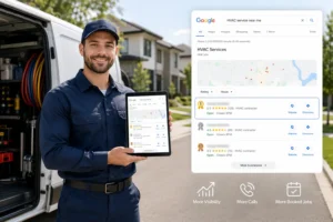 HVAC technician using SEO strategy to rank number one on Google Maps for local HVAC services in 2026