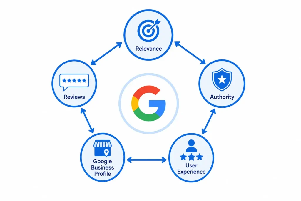 Diagram showing the five main HVAC SEO ranking factors that determine Google search position