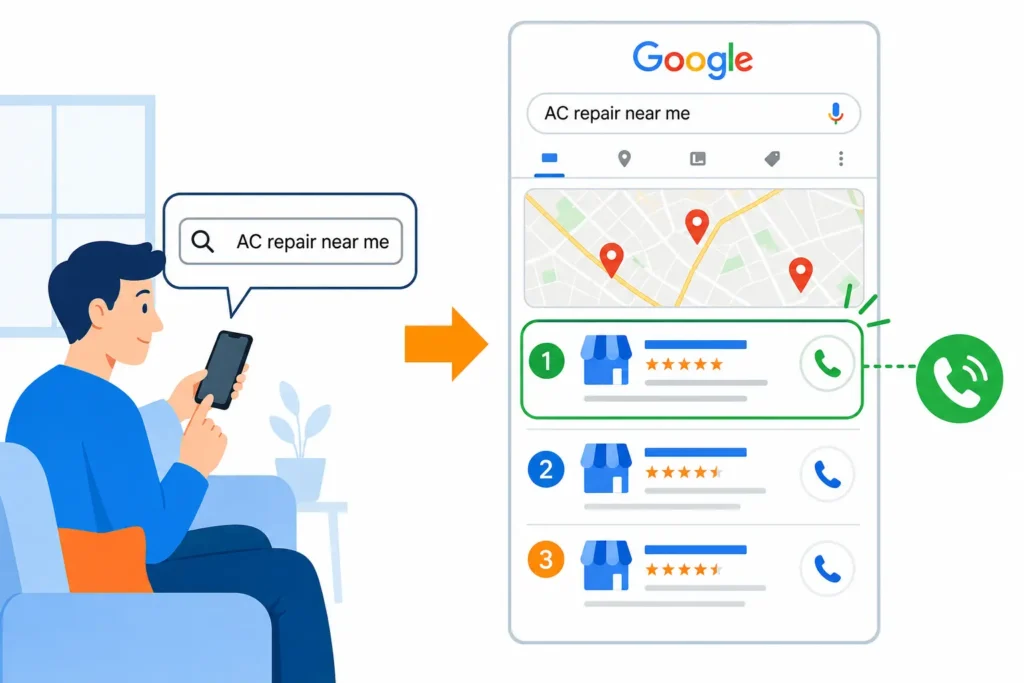 Infographic showing how homeowners use Google to find HVAC contractors through local search results