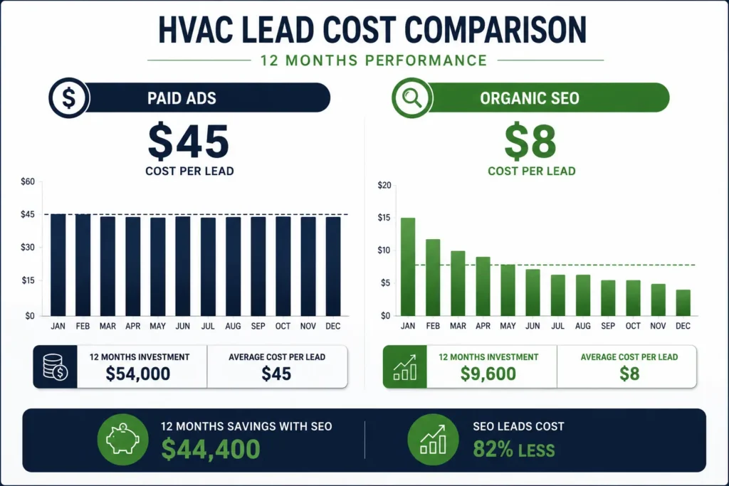Infographic comparing HVAC paid advertising lead cost versus organic SEO lead cost in 2026