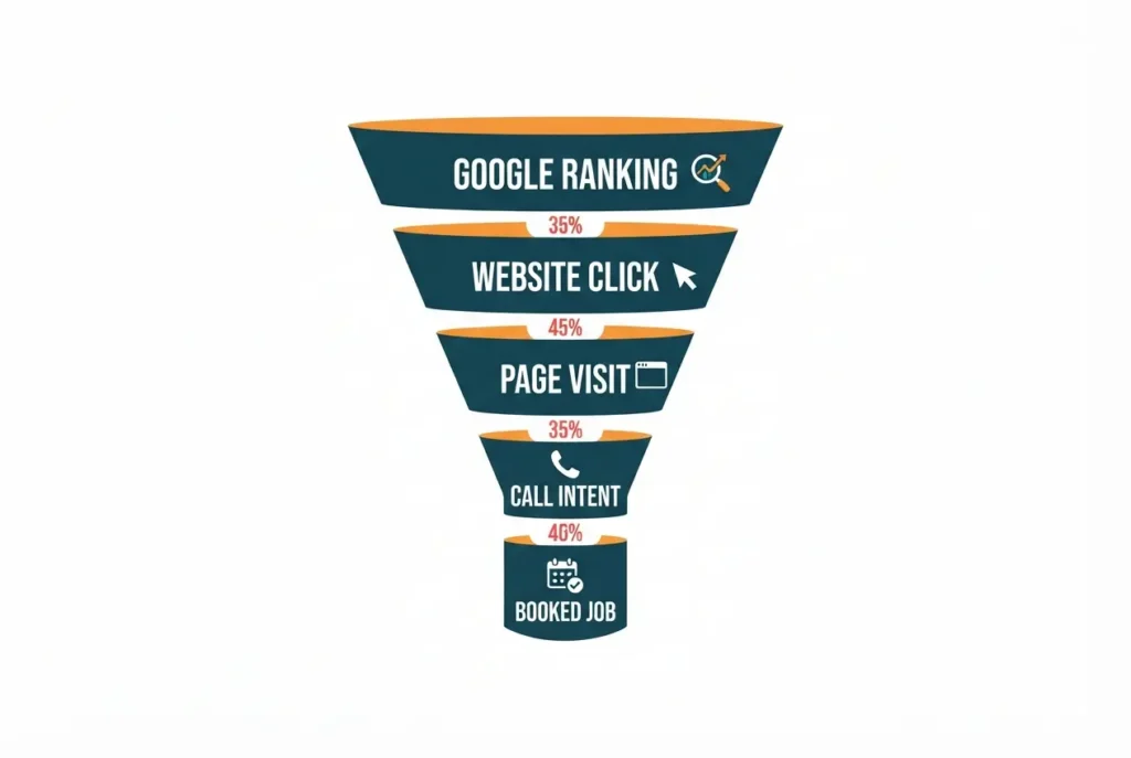 HVAC SEO lead generation conversion funnel showing drop-off from Google ranking to booked service call