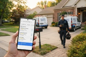 HVAC technician arriving at job site generated through hvac seo lead generation strategy showing Google Maps ranking and booked call