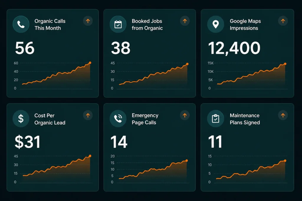 HVAC SEO lead generation tracking dashboard showing key metrics including organic call volume booked jobs and cost per organic lead