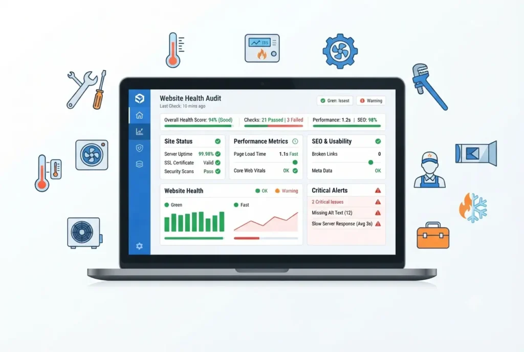 Month 1 HVAC SEO technical audit covering page speed, mobile usability, crawl errors, and Google Business Profile setup