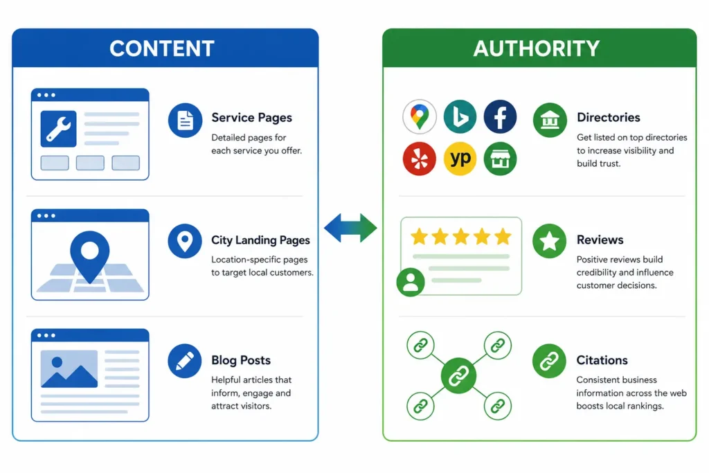 HVAC SEO Month 2 local authority building through service pages, city pages, citation building, and review velocity