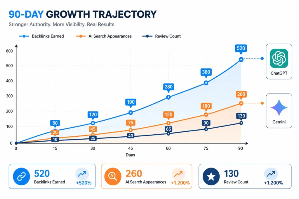 HVAC SEO Month 3 showing compounding growth from link building, AI search optimisation, and review momentum