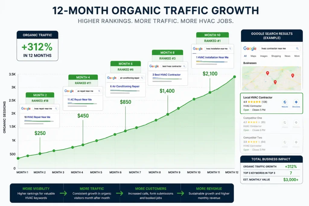 HVAC SEO organic lead growth chart showing how search rankings compound over 12 months