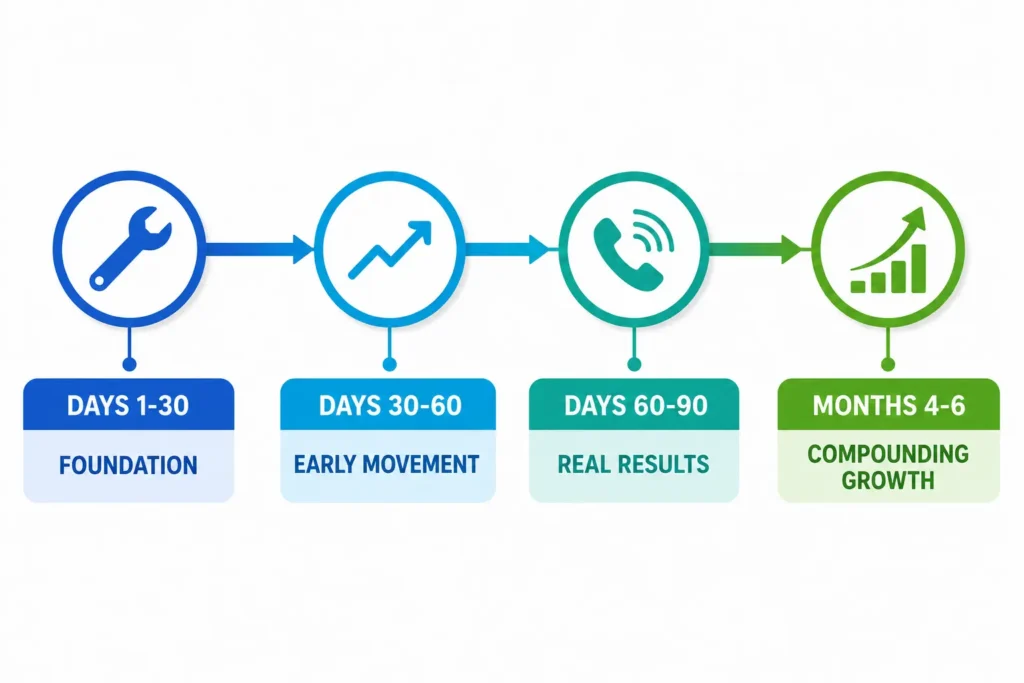 Timeline infographic showing how long HVAC SEO takes to show results from setup to compounding growth