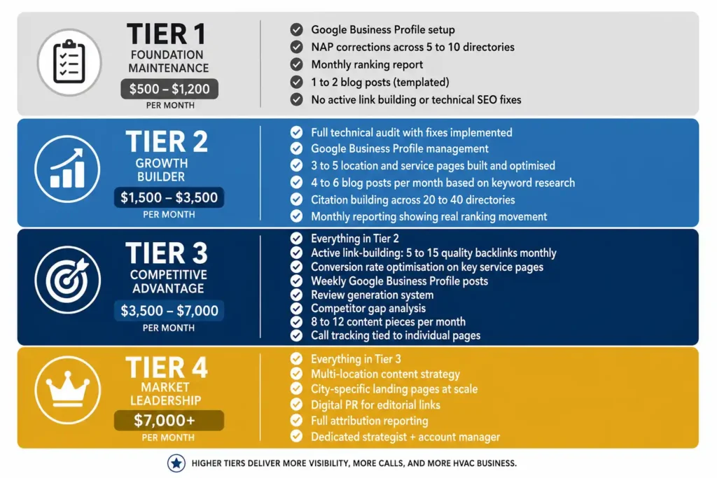 HVAC SEO service tiers with specific deliverables listed at each monthly price point