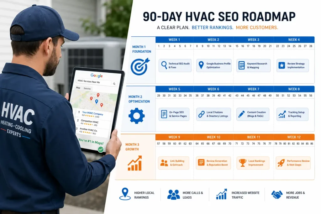 90-day HVAC SEO strategy month-by-month plan for HVAC contractors to rank higher on Google in 2026