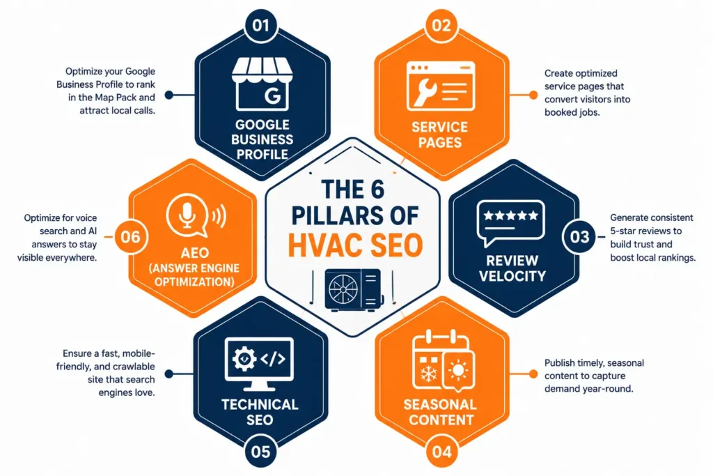 Six pillars of HVAC SEO strategy diagram for 2026 including Google Business Profile and AEO