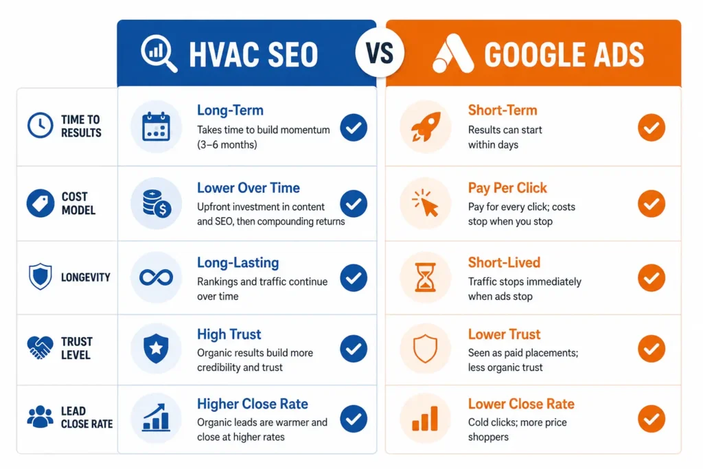 Comparison table showing differences between HVAC SEO and paid Google Ads for HVAC contractors