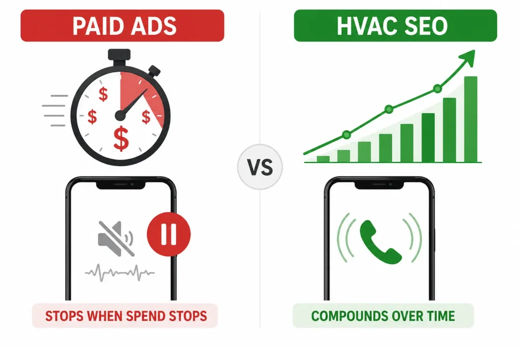 Infographic comparing HVAC SEO lead generation versus paid advertising showing long-term cost advantages