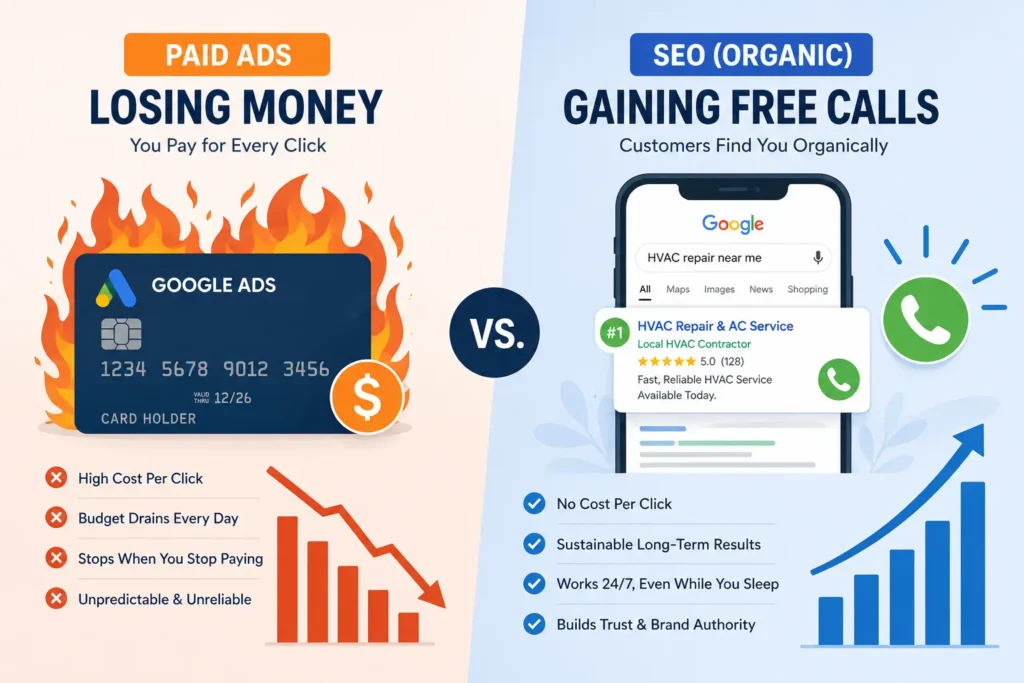 HVAC SEO vs paid ads ROI comparison showing why organic search wins in 2026. best seo for hvac contractors