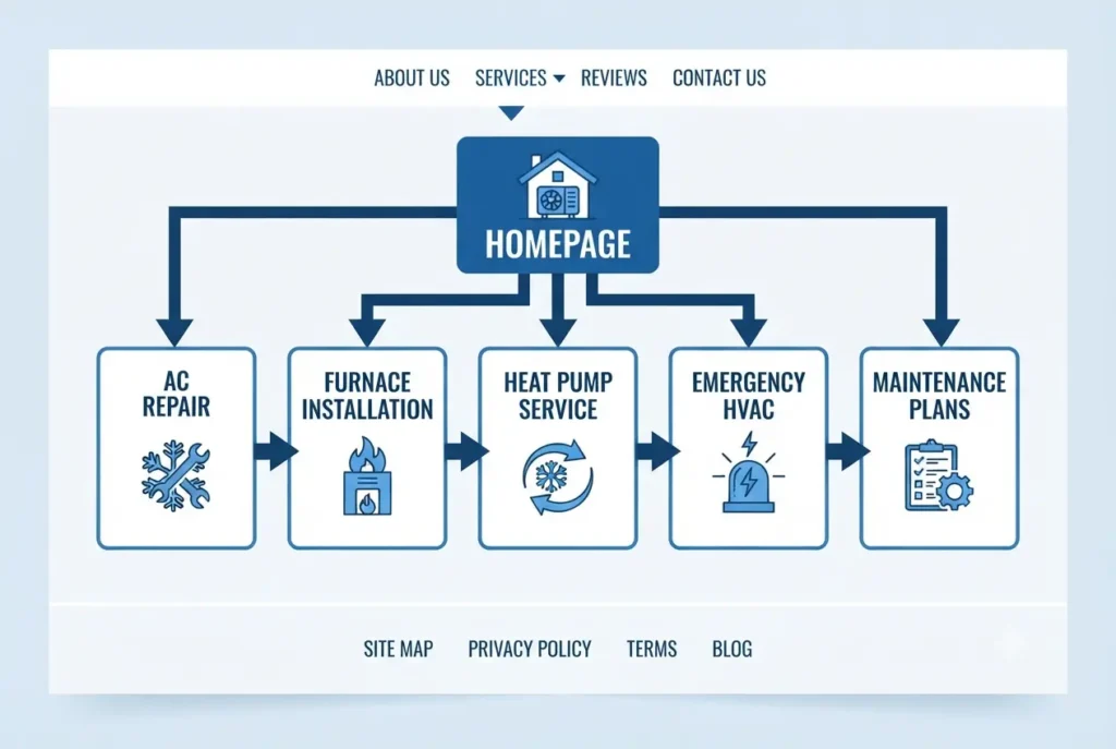 HVAC website service page architecture diagram for SEO in 2026