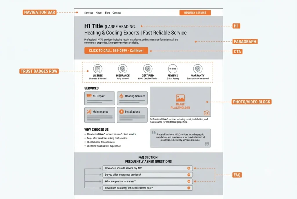 Wireframe diagram of an optimised HVAC service page showing H1 placement, keyword location, CTA button, trust badges, and FAQ section