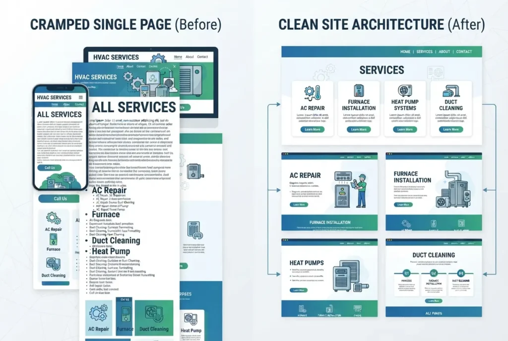 Comparison diagram of poor versus properly structured HVAC service page architecture for Google rankings