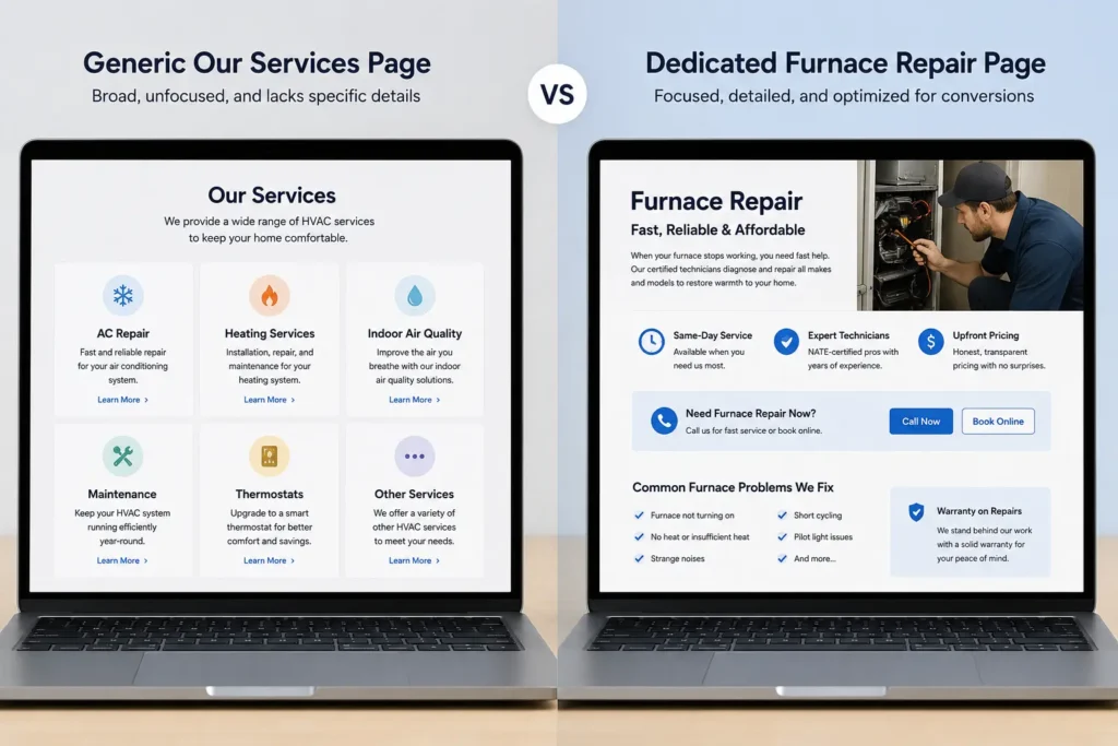 On site seo for hvac service page structure comparison