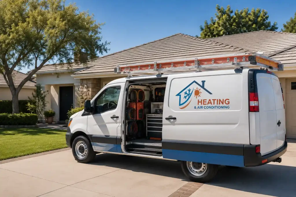 HVAC company branded service van parked outside a residential home after a successful service call