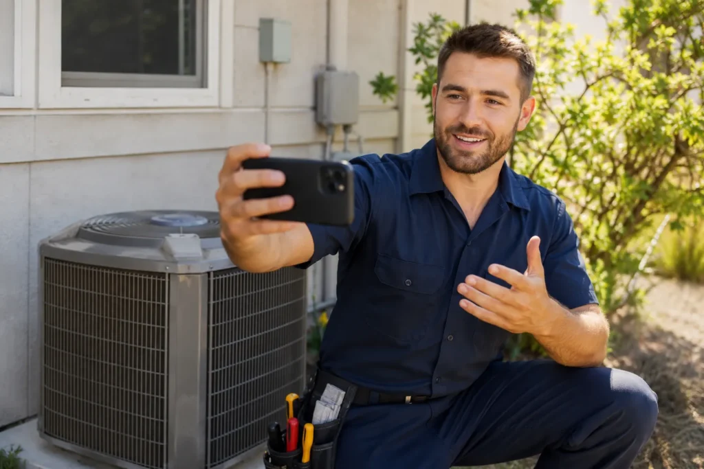HVAC technician filming a tech tip video on smartphone in front of outdoor HVAC unit