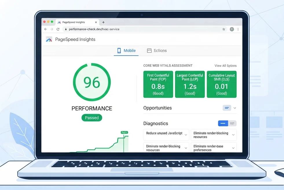 HVAC website technical SEO audit showing Google PageSpeed Insights and Core Web Vitals scores passing