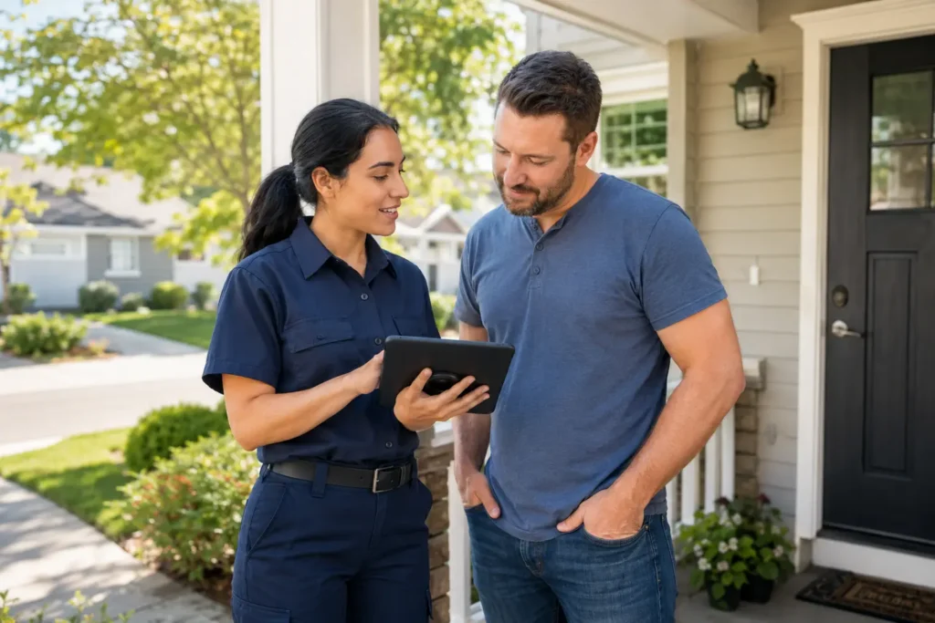 HVAC technician showing homeowner service details on a tablet at a residential property