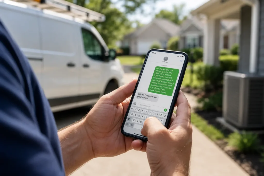 HVAC technician texting a customer a Google review request after service
