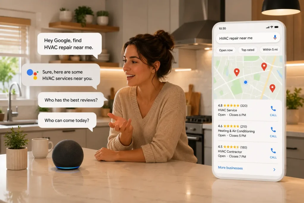 Homeowner using voice search to find a local HVAC contractor