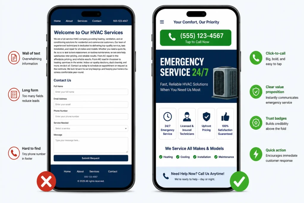 HVAC website conversion optimisation comparison showing poor versus high-converting homepage design for SEO lead generation