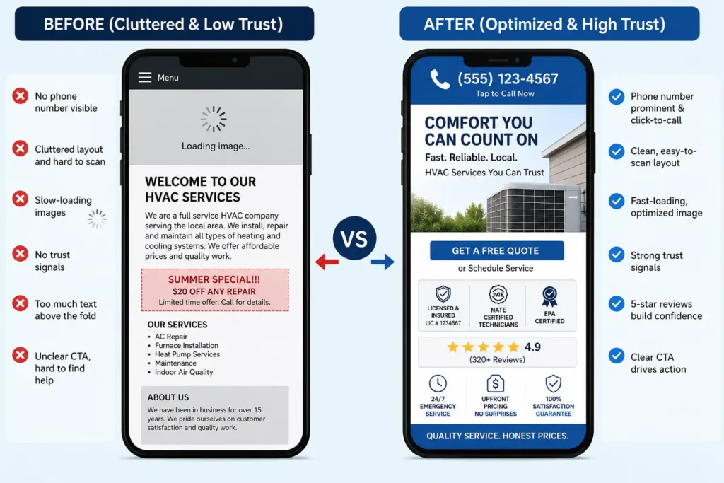 Before and after HVAC website conversion optimization showing mobile improvements that turn local SEO traffic into booked service calls