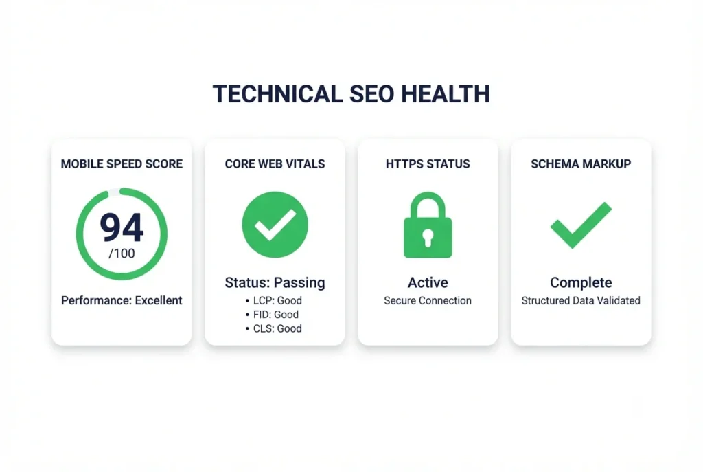Technical SEO checklist for HVAC websites showing mobile page speed score, Core Web Vitals, HTTPS status, and schema markup completion