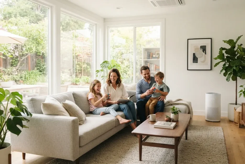 Clean modern home interior showing air purifier and hvac vent with dust-free environment
