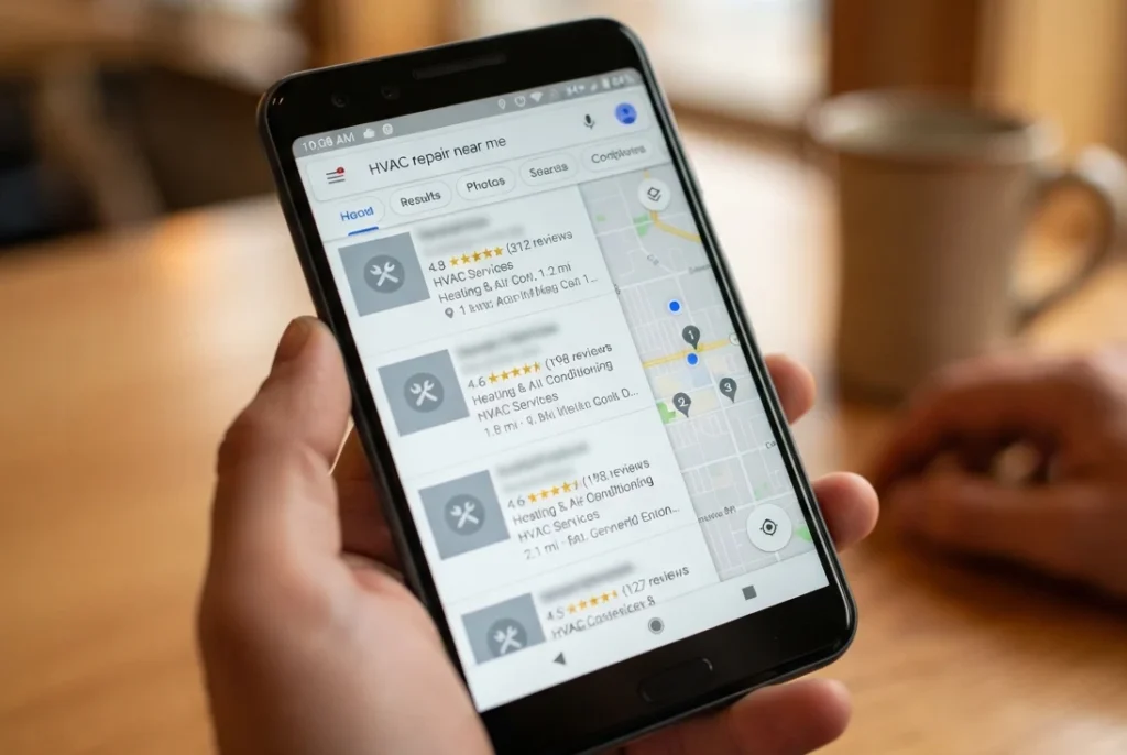 Google Maps local pack showing hvac companies near me search results on smartphone