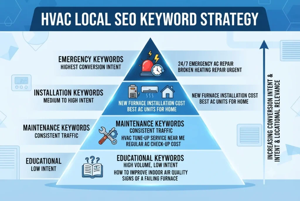 HVAC local SEO keyword strategy pyramid showing four tiers from educational content to emergency high-intent keywords by conversion rate