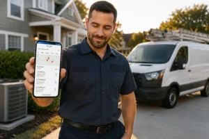 HVAC contractor checking local SEO rankings on smartphone with service van in background
