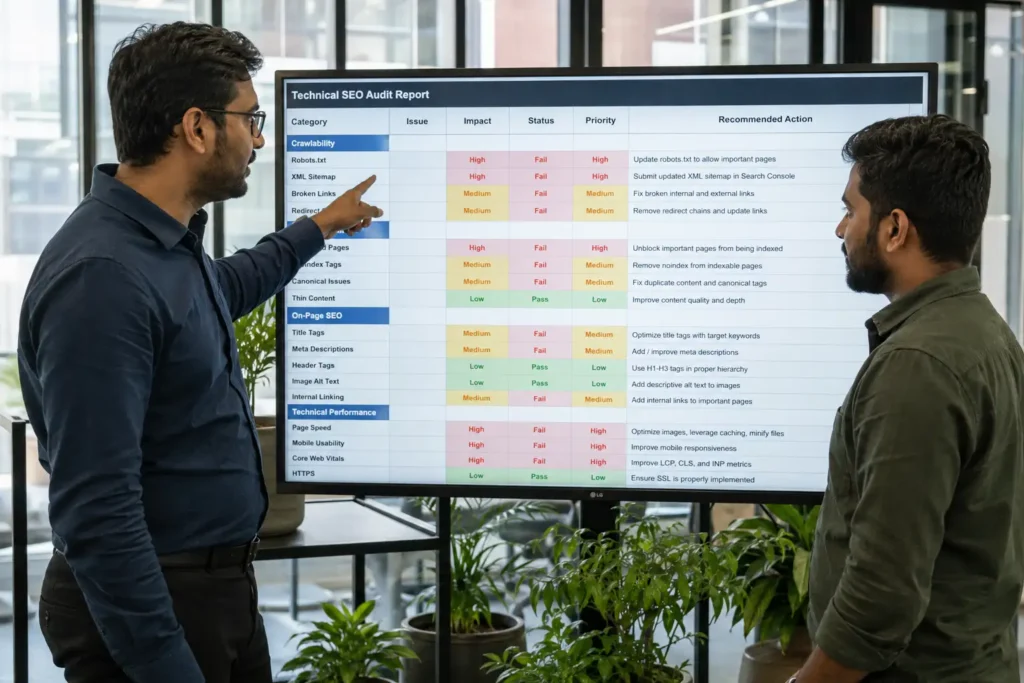 Marketers reviewing SEO audit tools report on office monitor