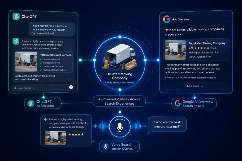 Diagram showing how moving companies can appear in AI search tools like ChatGPT and Google AI Overviews in 2026. best seo company for moving companies