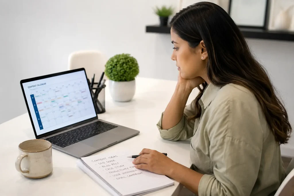 Moving company marketing manager planning SEO content strategy at a desk with notepad and laptop