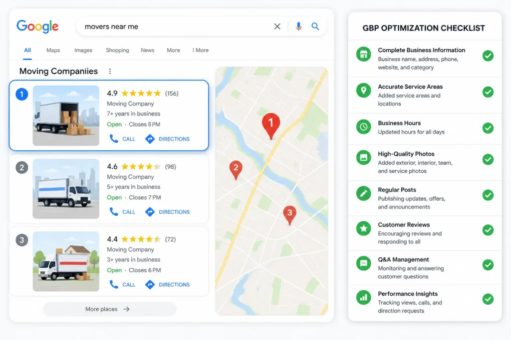 Google Maps local pack showing a moving company ranked number one with a fully optimized Google Business Profile, strong reviews, and correct service areas