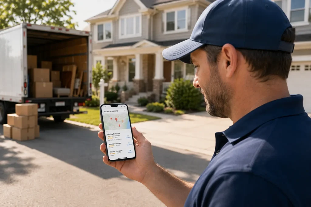 Moving company owner checking local SEO marketing results on Google Maps