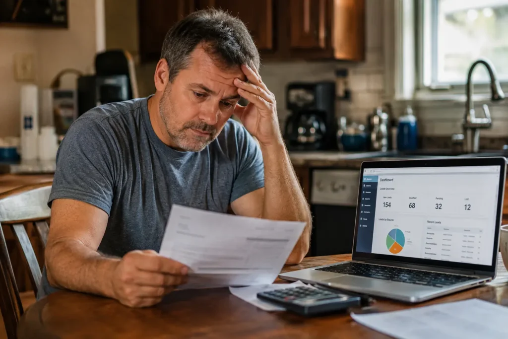 Moving company owner looking at monthly invoice from a paid lead generation platform at a kitchen table. moving company lead generation seo