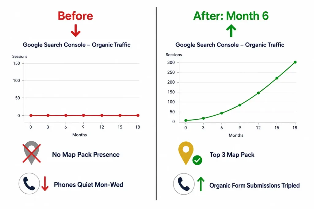 Before and after results from a moving company switching to a specialist SEO agency showing Map Pack placement and tripled organic form submissions