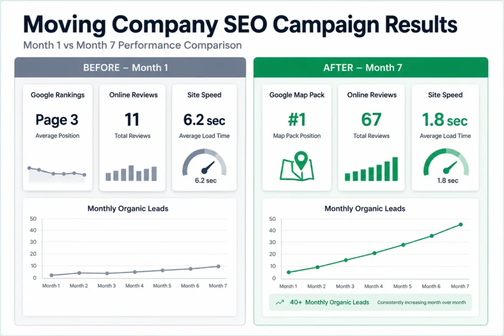 Before and after SEO results for a moving company showing growth from page three to Google Maps number one ranking over seven months
