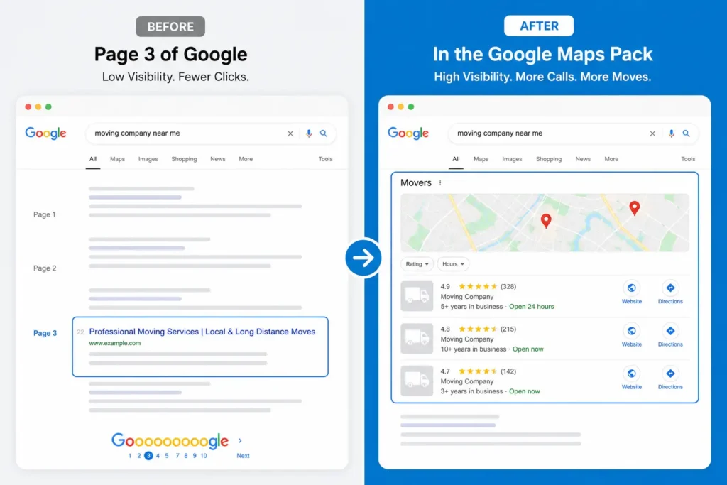 Case study showing moving company SEO improvement from page 3 to Google Maps Pack in 90 days