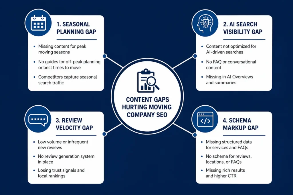 Content gap diagram showing what most SEO lists for moving companies miss in 2026