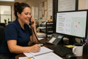 Moving company dispatcher answering a booked job call at office desk with Google Maps local pack visible on computer screen behind them