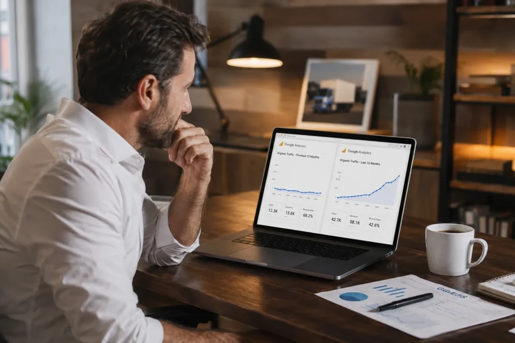 Moving company business owner reviewing before and after SEO results on laptop showing organic lead growth over 9 months