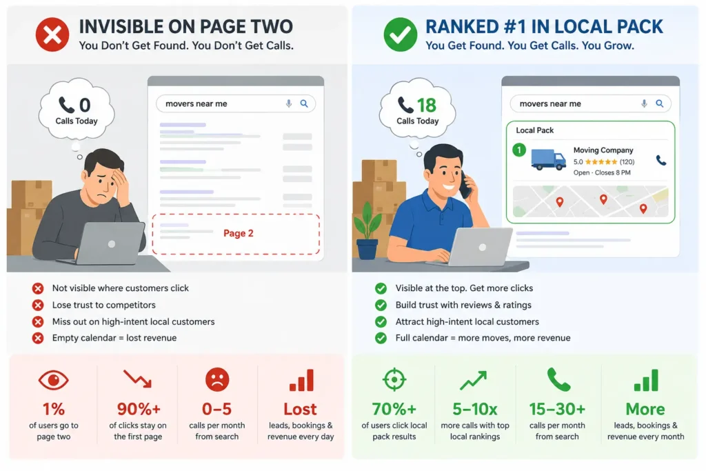 Infographic showing the revenue difference between a moving company ranking on page one versus page two of Google search results. seo for moving companies
